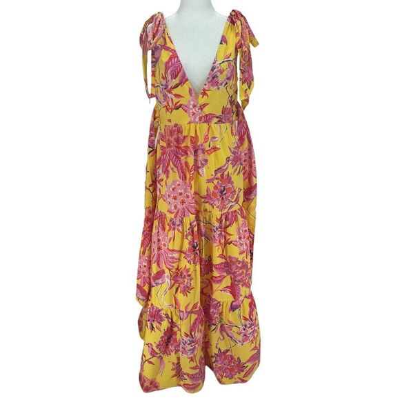 Banjanan Carnation Flamingo Rhododendron Ruffle Maxi Dress Size Small Yellow - Picture 9 of 13